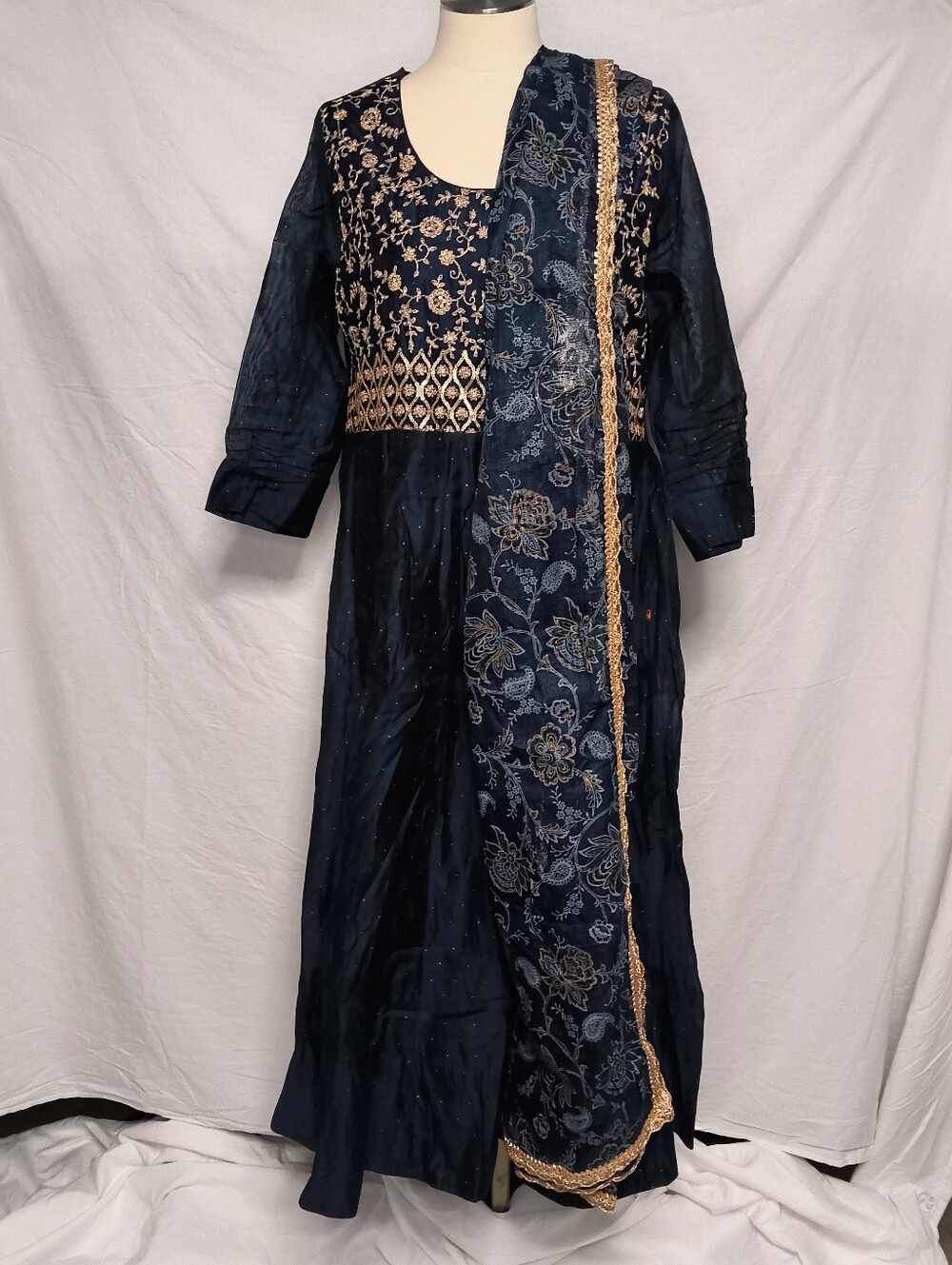 Women's Navy Blue Embroidered Anarkali Dress with Dupatta XL